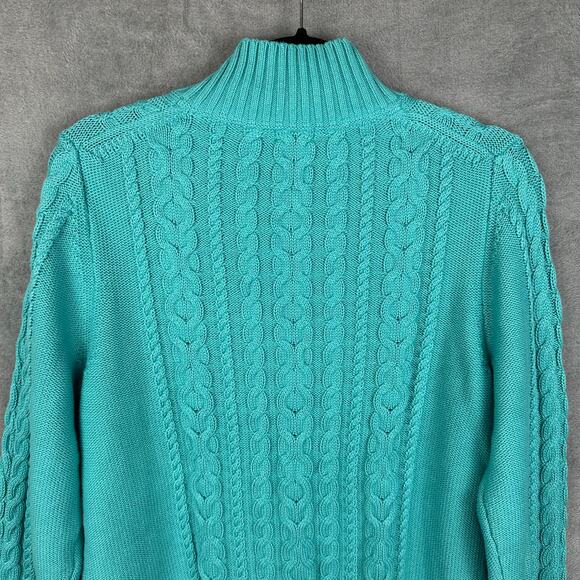 LL Bean Sweater Womens Large Teal Cable Knit Full Zip Cardigan Fisherman Cotton - Picture 5 of 14